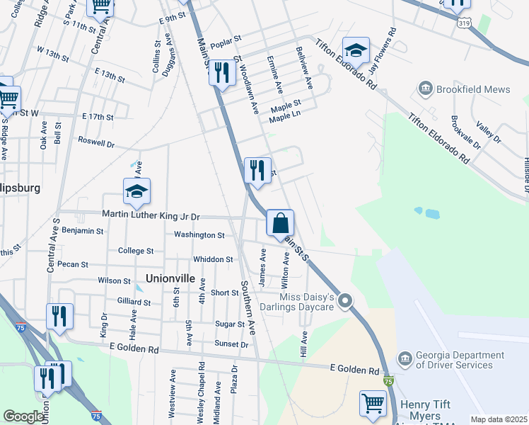 map of restaurants, bars, coffee shops, grocery stores, and more near 2547 Main Street in Tifton