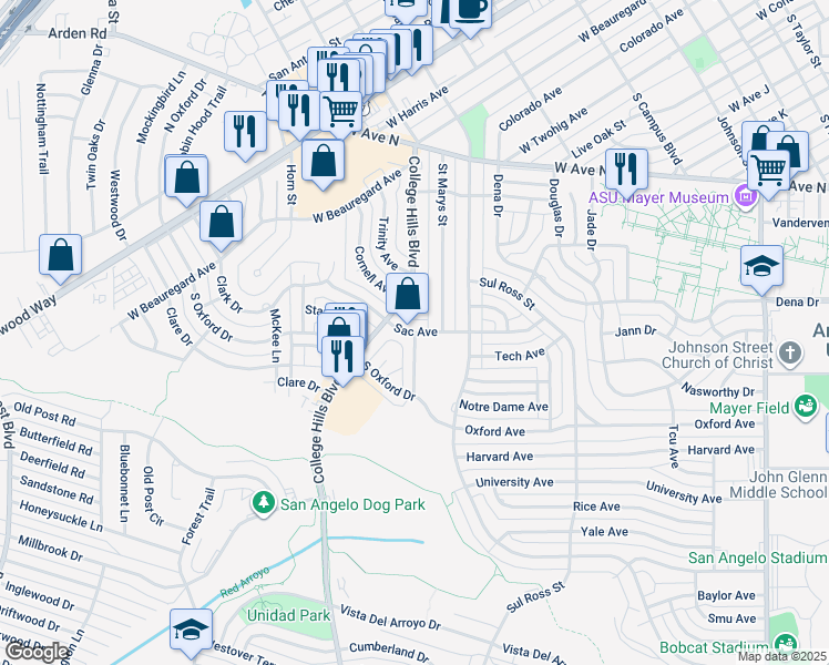 map of restaurants, bars, coffee shops, grocery stores, and more near 3101 Sac Avenue in San Angelo
