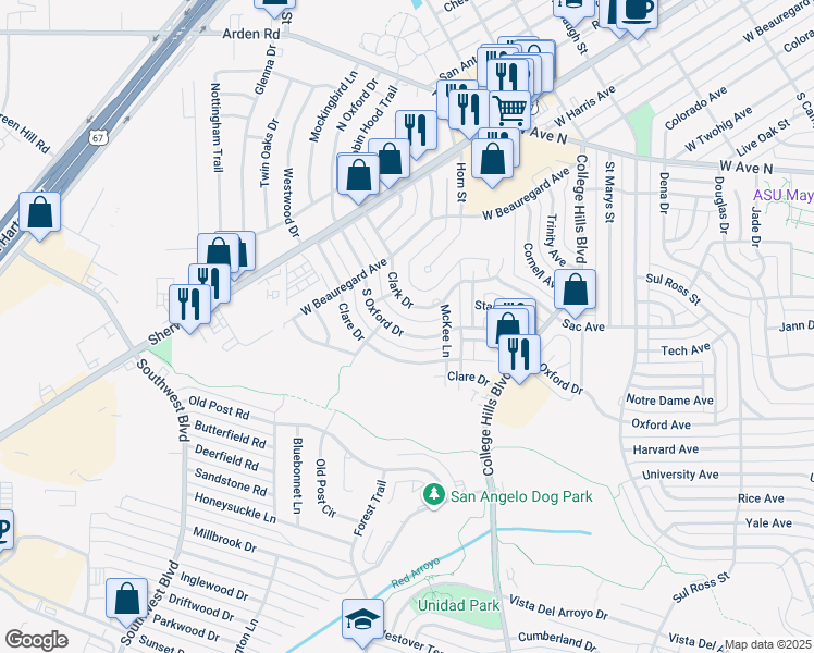 map of restaurants, bars, coffee shops, grocery stores, and more near 3500-3574 S Oxford Dr in San Angelo