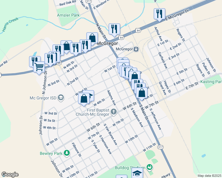 map of restaurants, bars, coffee shops, grocery stores, and more near 600 West 3rd Street in McGregor