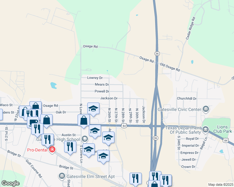 map of restaurants, bars, coffee shops, grocery stores, and more near 2606 Powell Drive in Gatesville