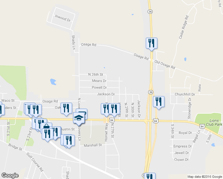 map of restaurants, bars, coffee shops, grocery stores, and more near 2606 Powell Drive in Gatesville