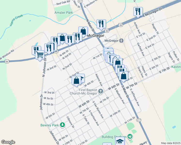 map of restaurants, bars, coffee shops, grocery stores, and more near 715 W 3rd St in McGregor