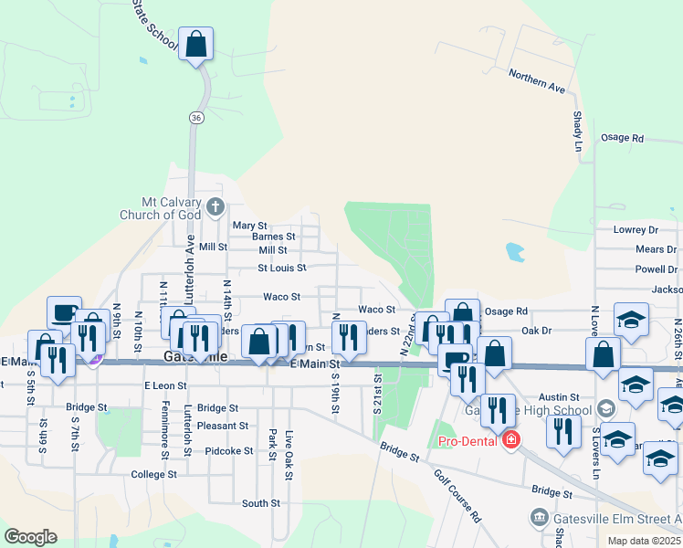 map of restaurants, bars, coffee shops, grocery stores, and more near 314 North 19th Street in Gatesville