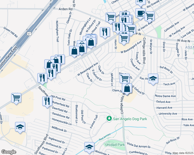 map of restaurants, bars, coffee shops, grocery stores, and more near 3574 S Oxford Dr in San Angelo