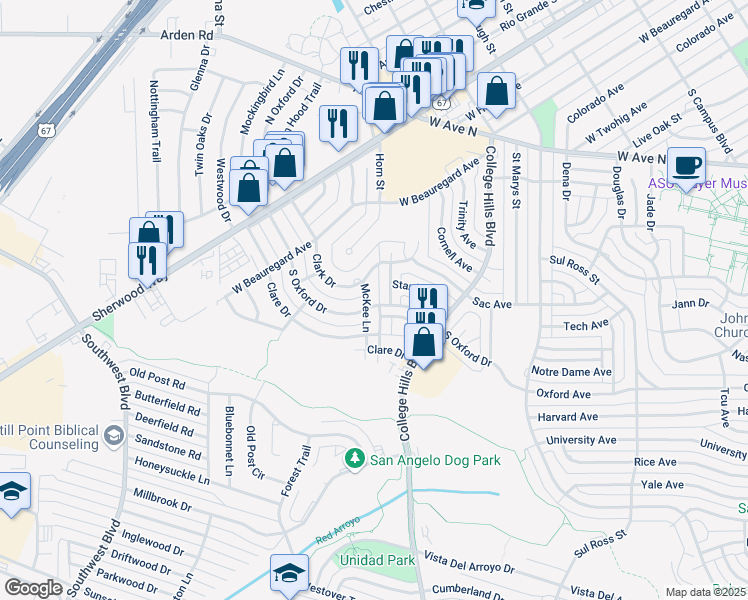 map of restaurants, bars, coffee shops, grocery stores, and more near 407-409 McKee Ln in San Angelo