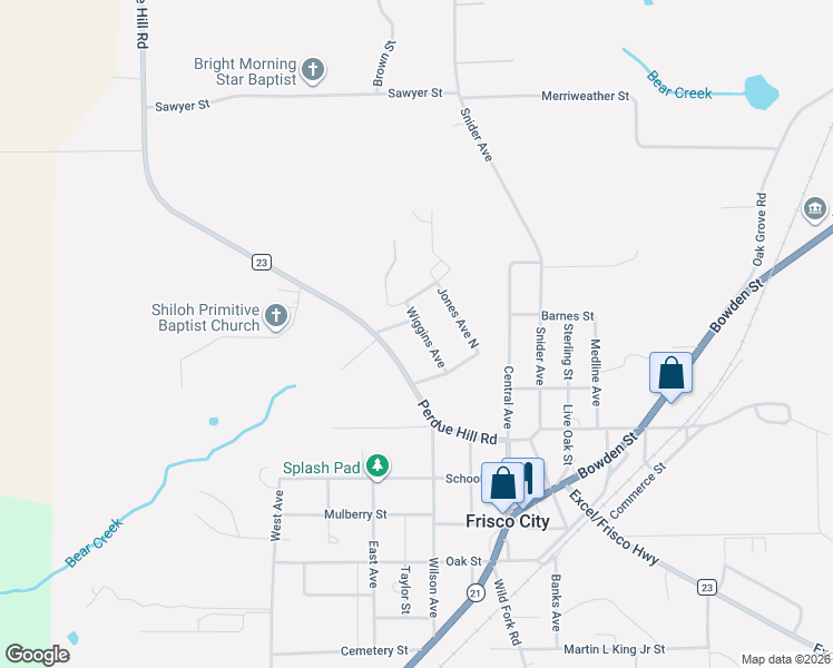 map of restaurants, bars, coffee shops, grocery stores, and more near 1-123 Wiggins Avenue in Frisco City