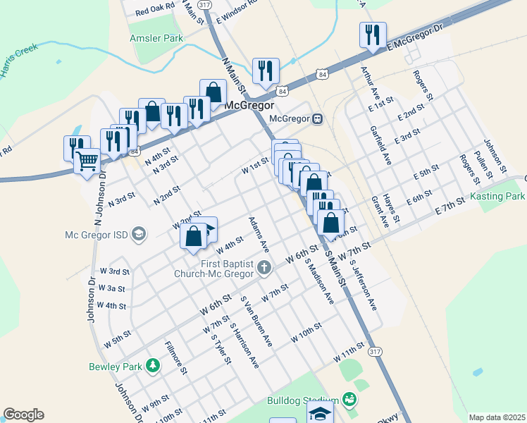 map of restaurants, bars, coffee shops, grocery stores, and more near 600 West 3rd Street in McGregor