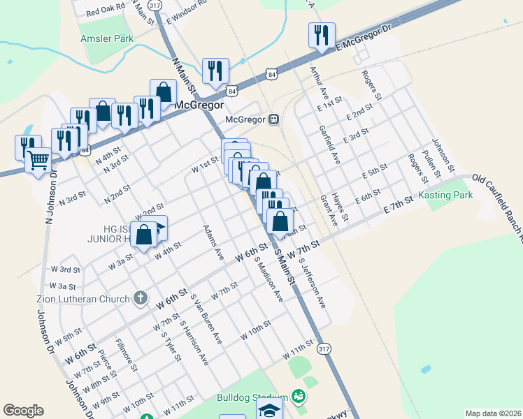 map of restaurants, bars, coffee shops, grocery stores, and more near 404 South Main Street in McGregor