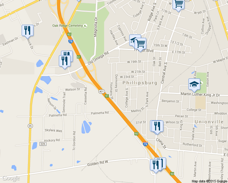 map of restaurants, bars, coffee shops, grocery stores, and more near 2320 Dorminey Street in Tifton