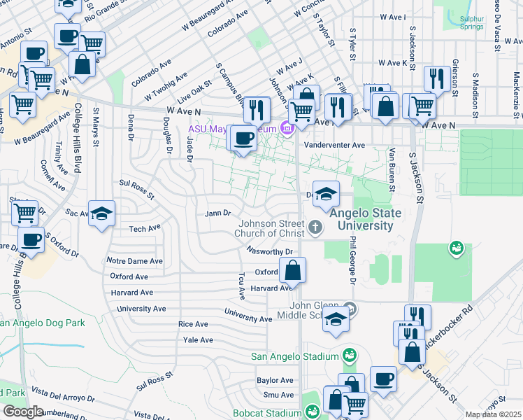 map of restaurants, bars, coffee shops, grocery stores, and more near 2501 Dena Drive in San Angelo
