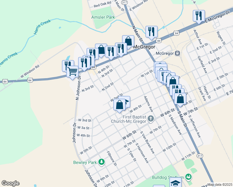 map of restaurants, bars, coffee shops, grocery stores, and more near 905 W 2nd St in McGregor
