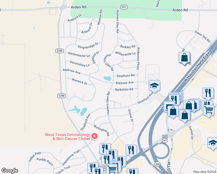 map of restaurants, bars, coffee shops, grocery stores, and more near 5854 Berkshire Road in San Angelo