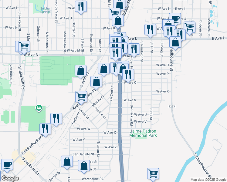 map of restaurants, bars, coffee shops, grocery stores, and more near 2126 La Cruz Street in San Angelo