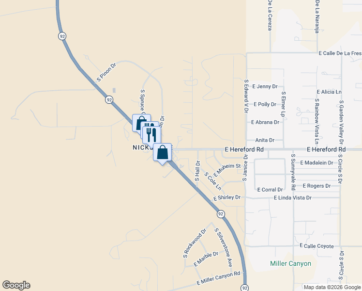 map of restaurants, bars, coffee shops, grocery stores, and more near 4771 East Hereford Road in Hereford