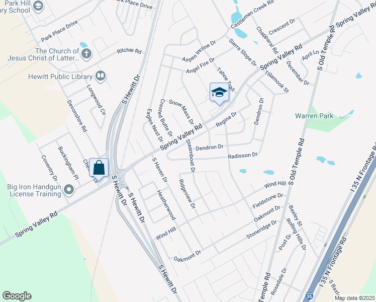 map of restaurants, bars, coffee shops, grocery stores, and more near 1205 Steamboat Drive in Hewitt