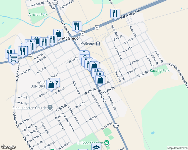 map of restaurants, bars, coffee shops, grocery stores, and more near 404 South Main Street in McGregor
