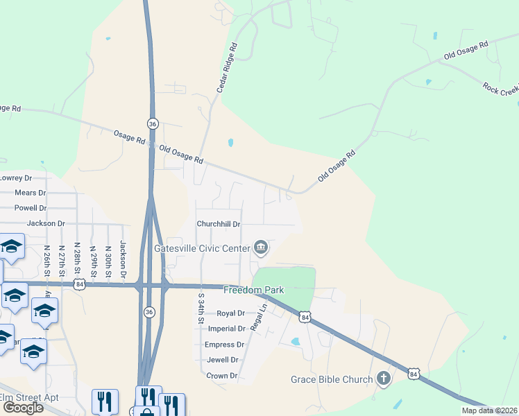 map of restaurants, bars, coffee shops, grocery stores, and more near 403 Riata in Gatesville