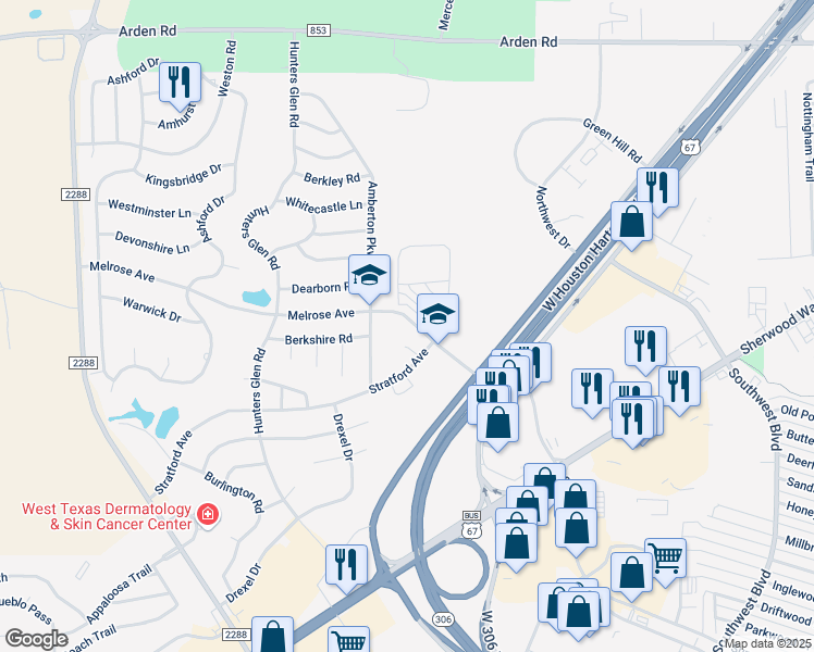 map of restaurants, bars, coffee shops, grocery stores, and more near 5713 Melrose Avenue in San Angelo