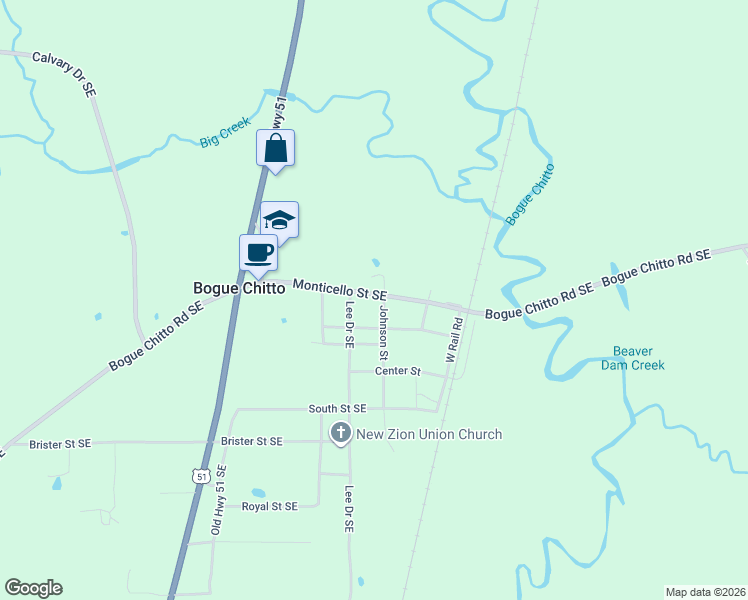 map of restaurants, bars, coffee shops, grocery stores, and more near 432 Monticello Street Southeast in Bogue Chitto