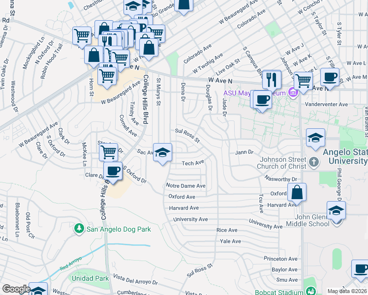 map of restaurants, bars, coffee shops, grocery stores, and more near 2700-2798 Lsu Avenue in San Angelo