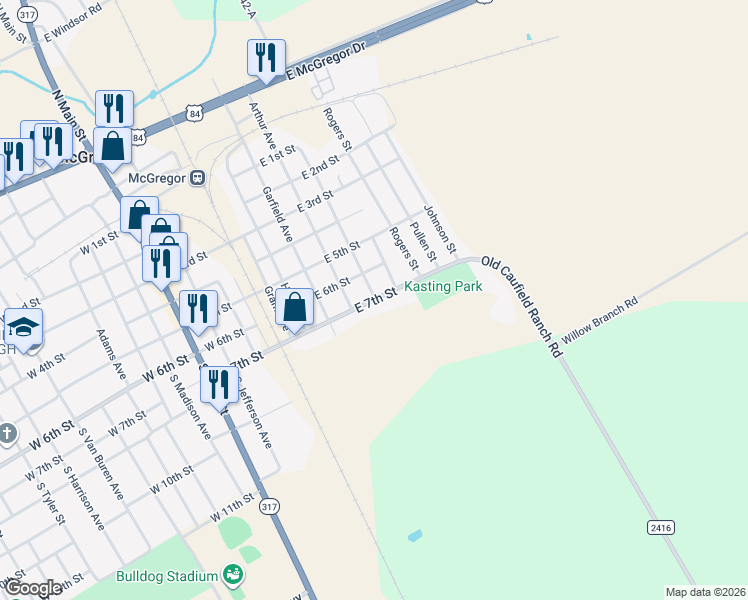 map of restaurants, bars, coffee shops, grocery stores, and more near 499 East 7th Street in McGregor
