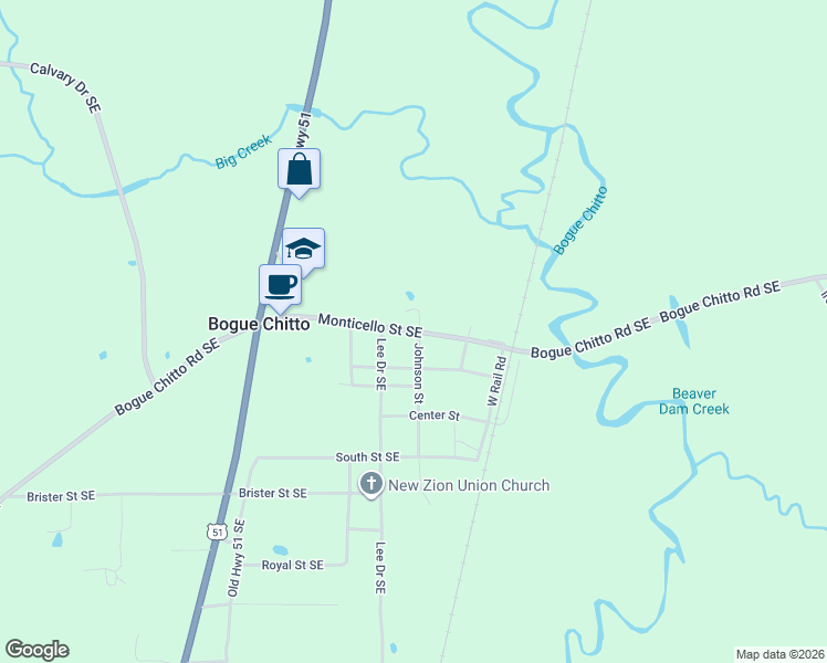 map of restaurants, bars, coffee shops, grocery stores, and more near 432-436 Monticello St SE in Bogue Chitto