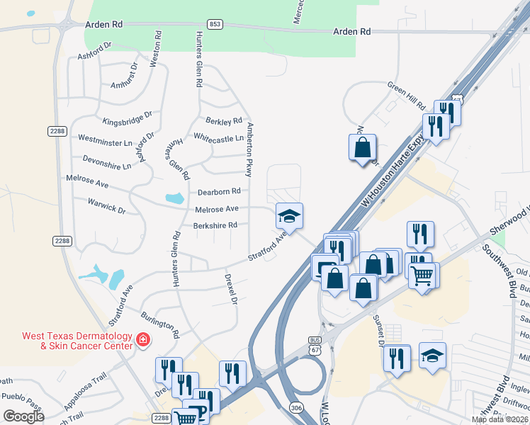 map of restaurants, bars, coffee shops, grocery stores, and more near 5802 Melrose Avenue in San Angelo