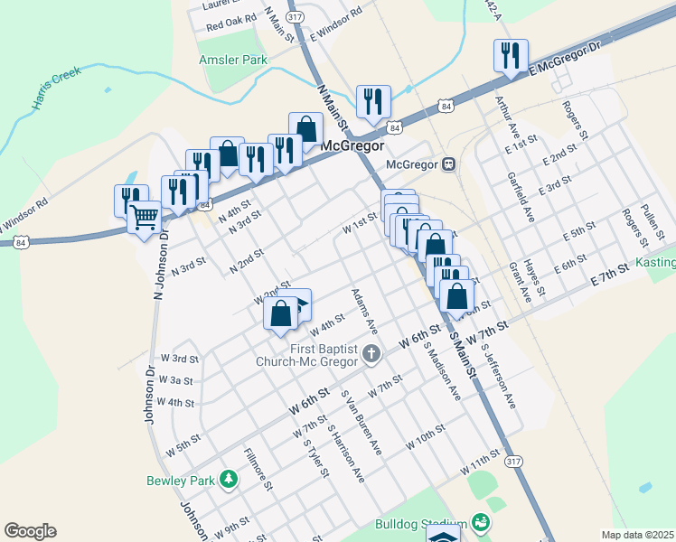 map of restaurants, bars, coffee shops, grocery stores, and more near 715 West 3rd Street in McGregor