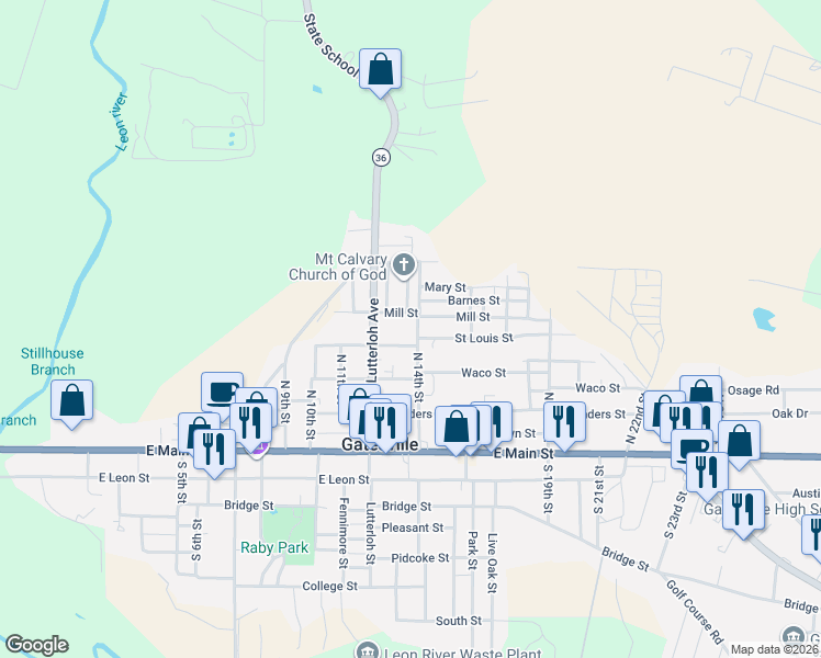 map of restaurants, bars, coffee shops, grocery stores, and more near 1309 Saint Louis Street in Gatesville