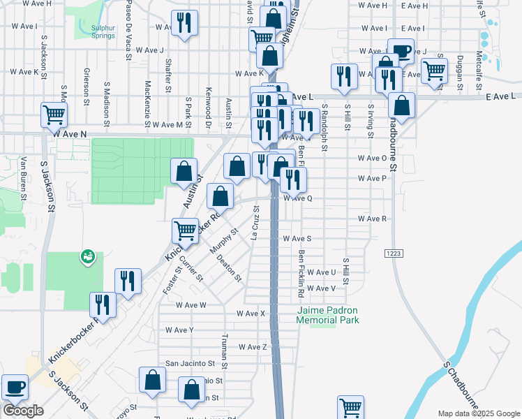 map of restaurants, bars, coffee shops, grocery stores, and more near 2126 La Cruz Street in San Angelo