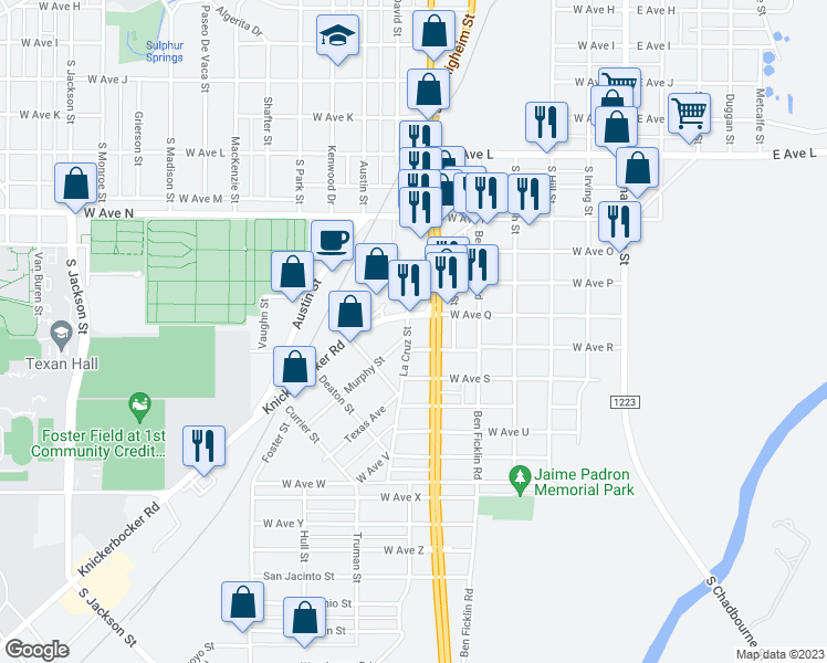 map of restaurants, bars, coffee shops, grocery stores, and more near 2114 La Cruz Street in San Angelo