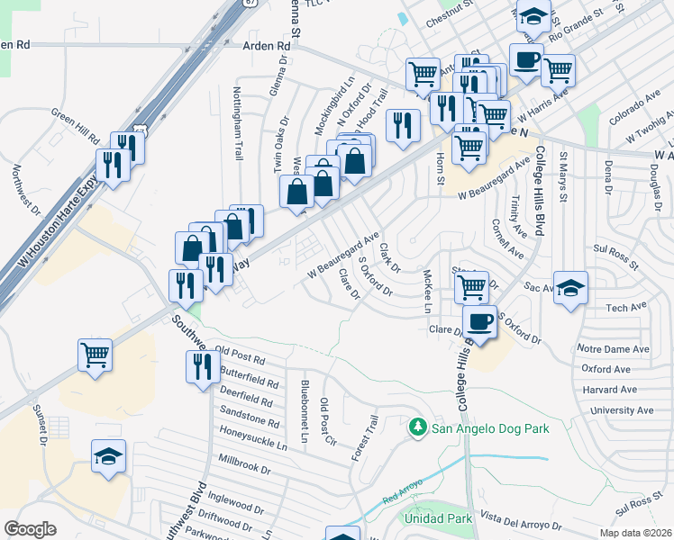 map of restaurants, bars, coffee shops, grocery stores, and more near 3600-3618 Oak Creek Drive in San Angelo