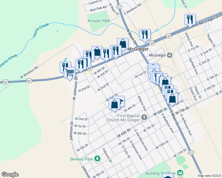 map of restaurants, bars, coffee shops, grocery stores, and more near 905 West 2nd Street in McGregor