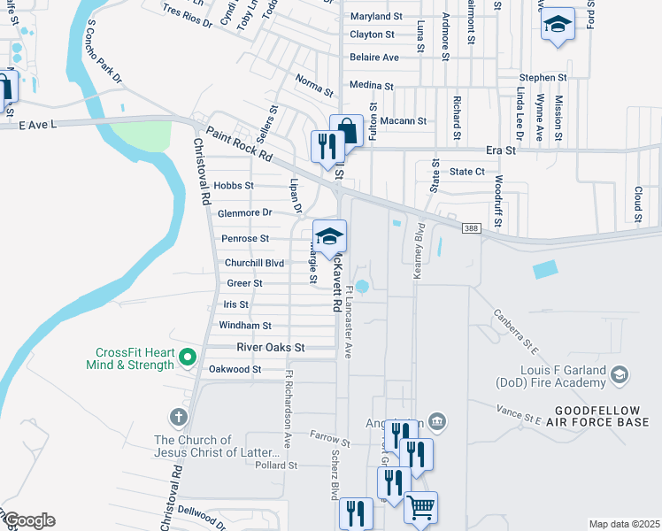 map of restaurants, bars, coffee shops, grocery stores, and more near 323 Penrose Street in San Angelo