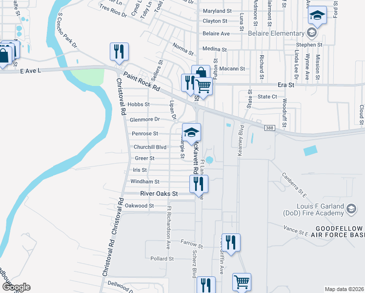 map of restaurants, bars, coffee shops, grocery stores, and more near 1900 Margie Street in San Angelo