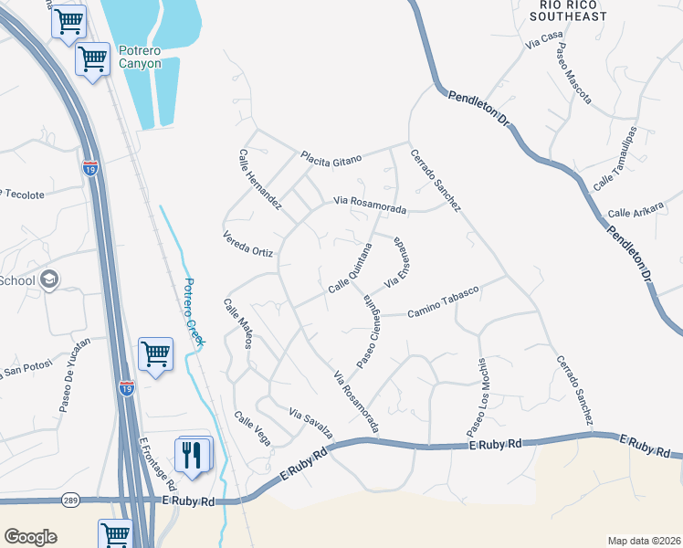 map of restaurants, bars, coffee shops, grocery stores, and more near 106 Calle Quintana in Rio Rico