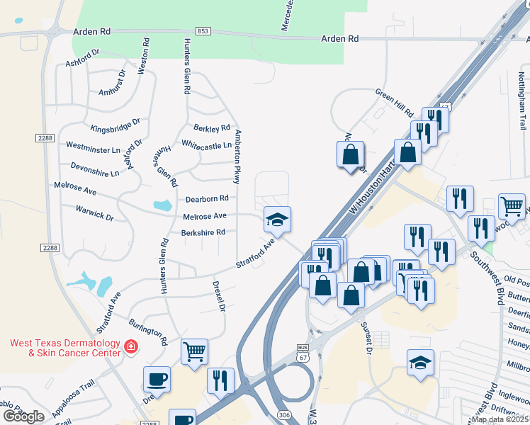 map of restaurants, bars, coffee shops, grocery stores, and more near 5713 Melrose Avenue in San Angelo