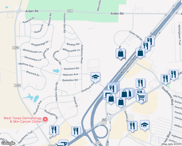map of restaurants, bars, coffee shops, grocery stores, and more near 5713 Melrose Avenue in San Angelo