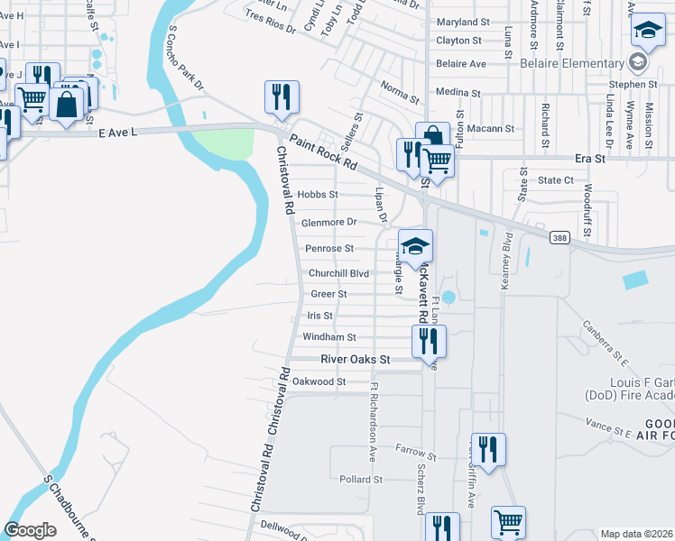 map of restaurants, bars, coffee shops, grocery stores, and more near 1824 Sellers Street in San Angelo