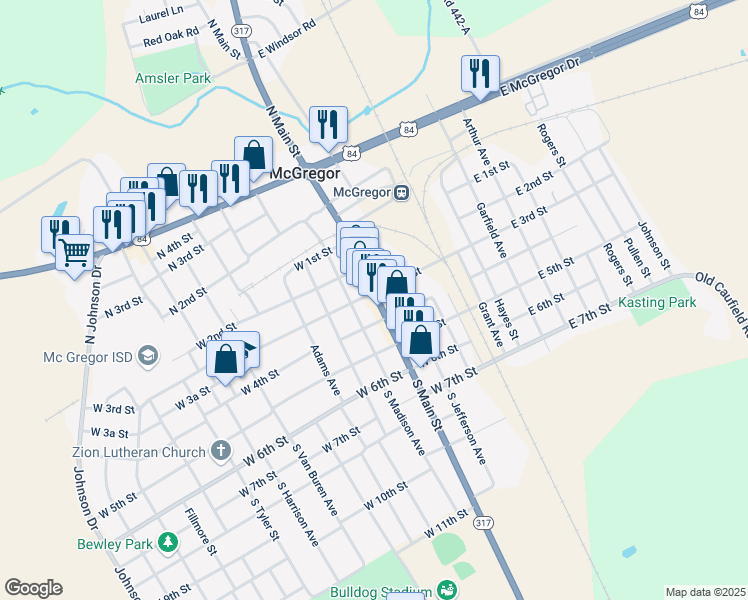 map of restaurants, bars, coffee shops, grocery stores, and more near 301 West 3rd Street in McGregor