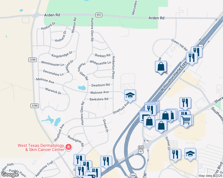 map of restaurants, bars, coffee shops, grocery stores, and more near 5802 Melrose Avenue in San Angelo