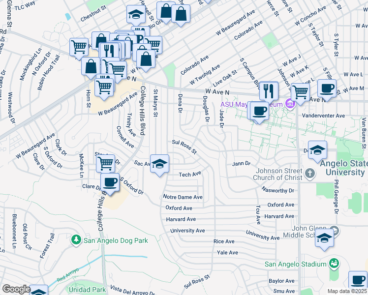 map of restaurants, bars, coffee shops, grocery stores, and more near 2130 Sul Ross Street in San Angelo