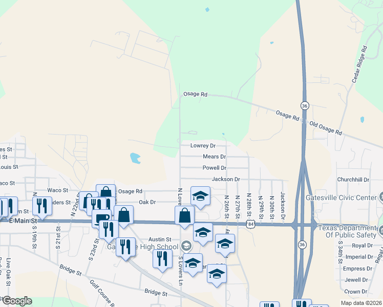 map of restaurants, bars, coffee shops, grocery stores, and more near 2514 Lowrey Drive in Gatesville