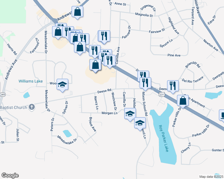 map of restaurants, bars, coffee shops, grocery stores, and more near 1300 Deese Road in Ozark