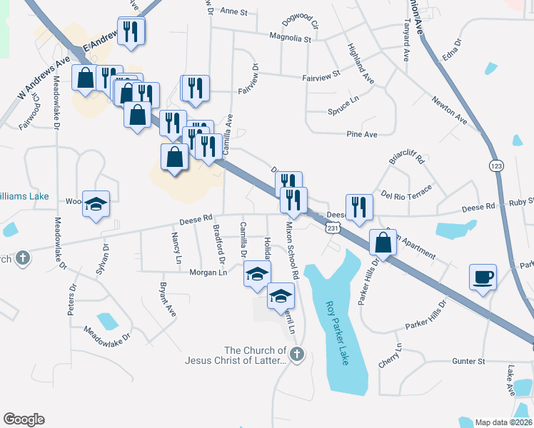 map of restaurants, bars, coffee shops, grocery stores, and more near 500 Deese Road in Ozark