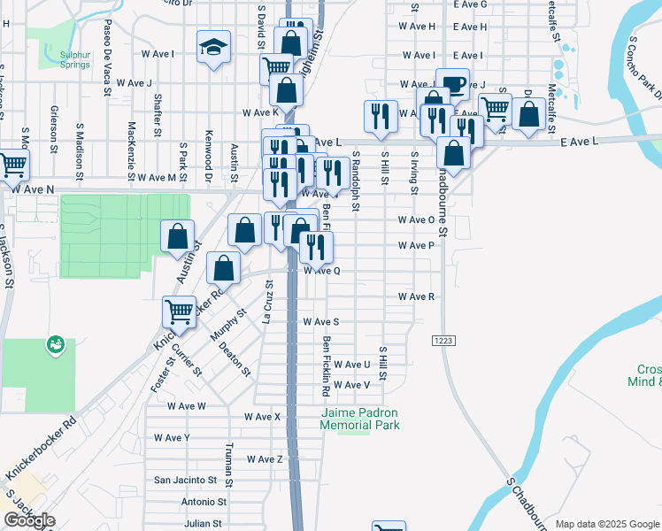 map of restaurants, bars, coffee shops, grocery stores, and more near 328 West Avenue Q in San Angelo