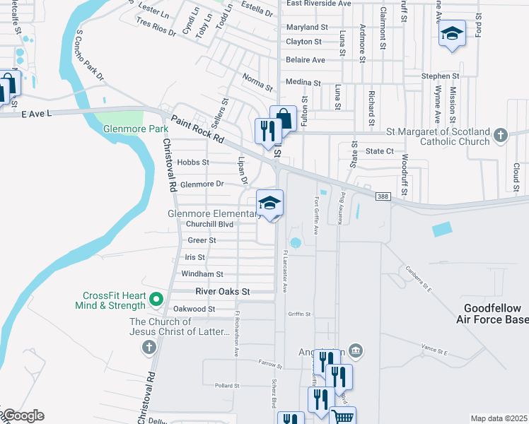 map of restaurants, bars, coffee shops, grocery stores, and more near 323 Penrose Street in San Angelo