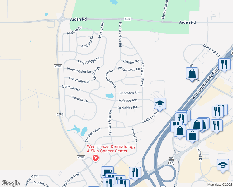 map of restaurants, bars, coffee shops, grocery stores, and more near 5845 Dearborn Road in San Angelo