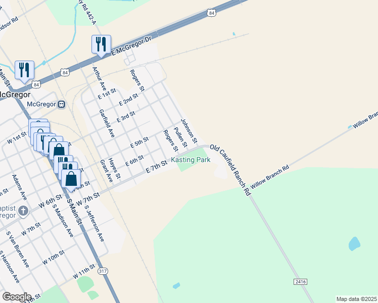 map of restaurants, bars, coffee shops, grocery stores, and more near 801 East 7th Street in McGregor